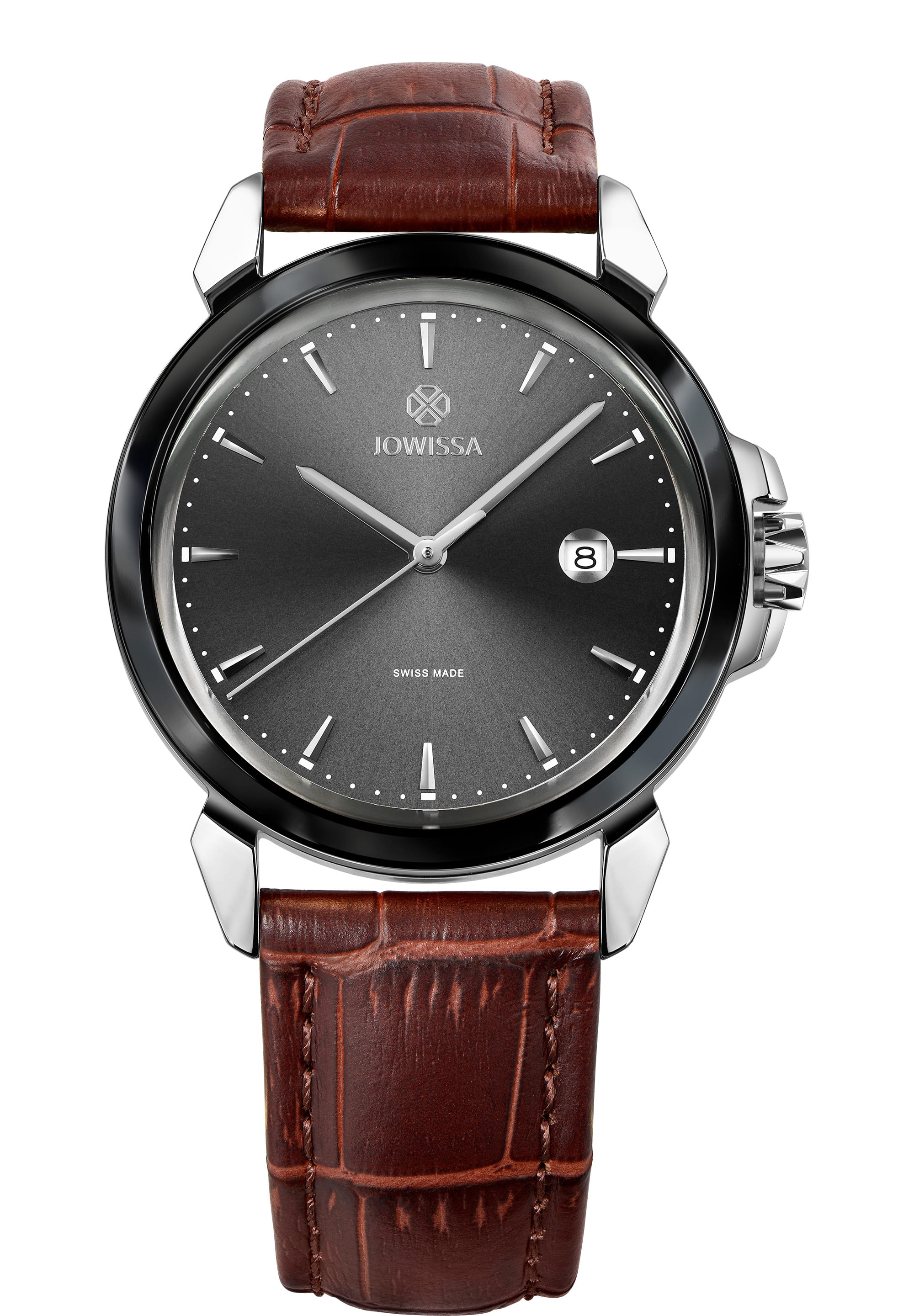 LeWy 3 Swiss Men's Watch J4.243.L featuring a black dial, silver hour markers, and a brown leather strap.